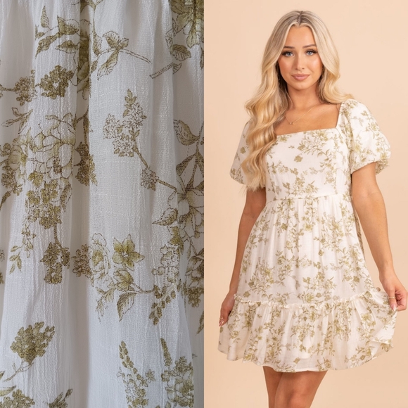 Blu Pepper Modest Square Neck Puff Sleeve White Green Toile Floral Mini Dress L - Picture 6 of 13